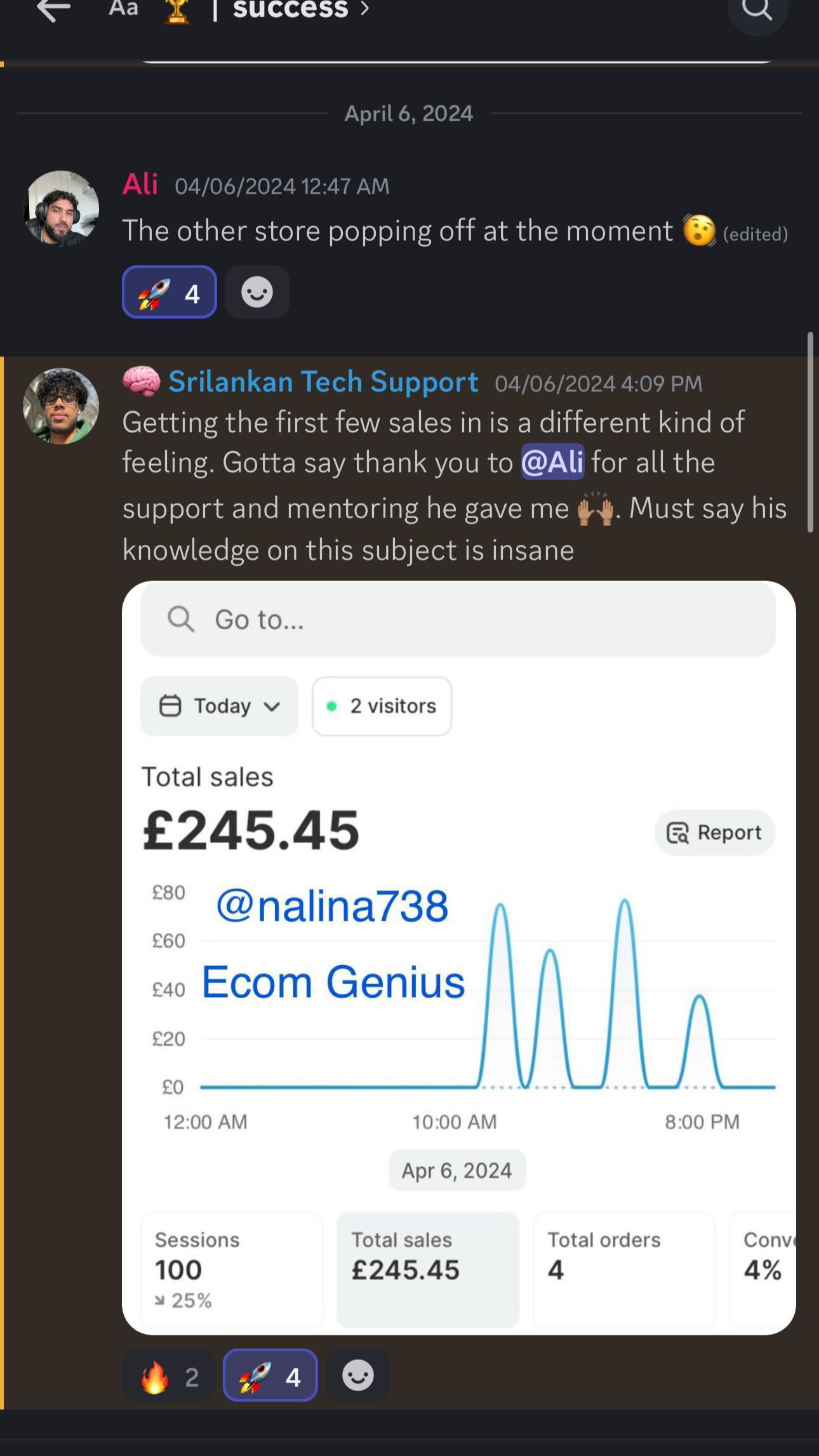 Student's first sales day, £245, with a thank-you message