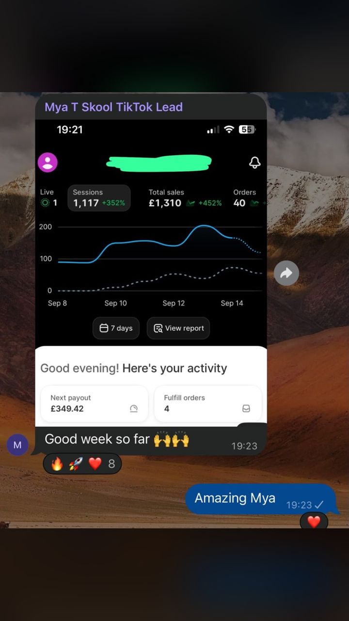 Mya's dashboard: £1,310 in a week, 40 orders