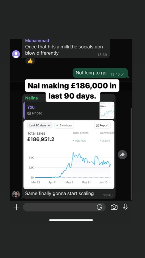 Student dashboard showing £186,951 in sales over 90 days